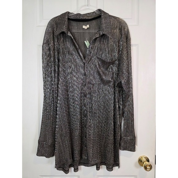 Anthropologie Pilcro Size 2X Metallic Buttondown Tunic Blouse Black Silver NWT - Picture 4 of 12